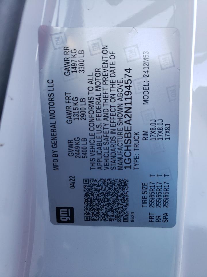 2022 CHEVROLET COLORADO  VIN:1GCHSBEA2N1194574