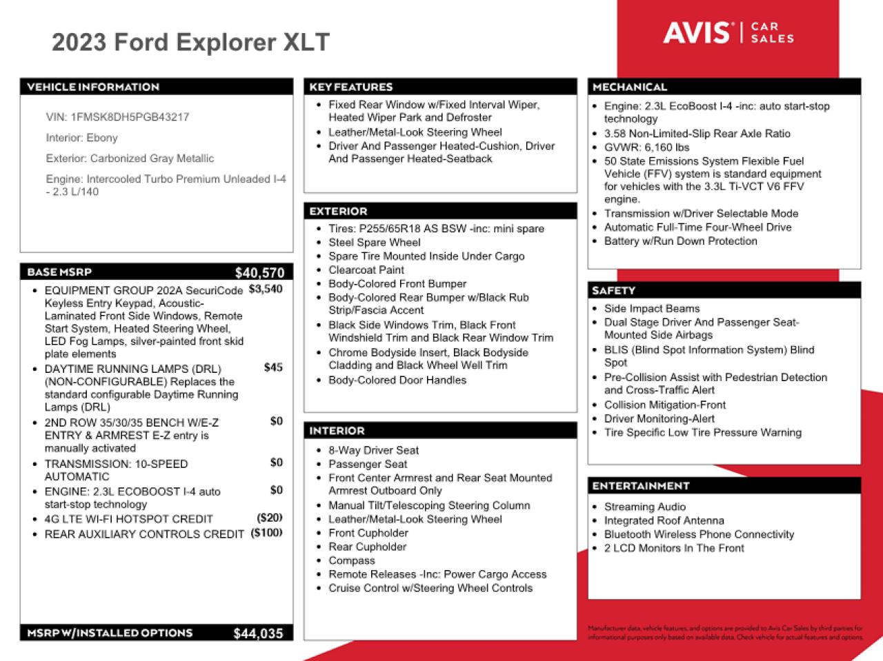 2023 FORD EXPLORER XLT VIN:1FMSK8DH5PGB43217