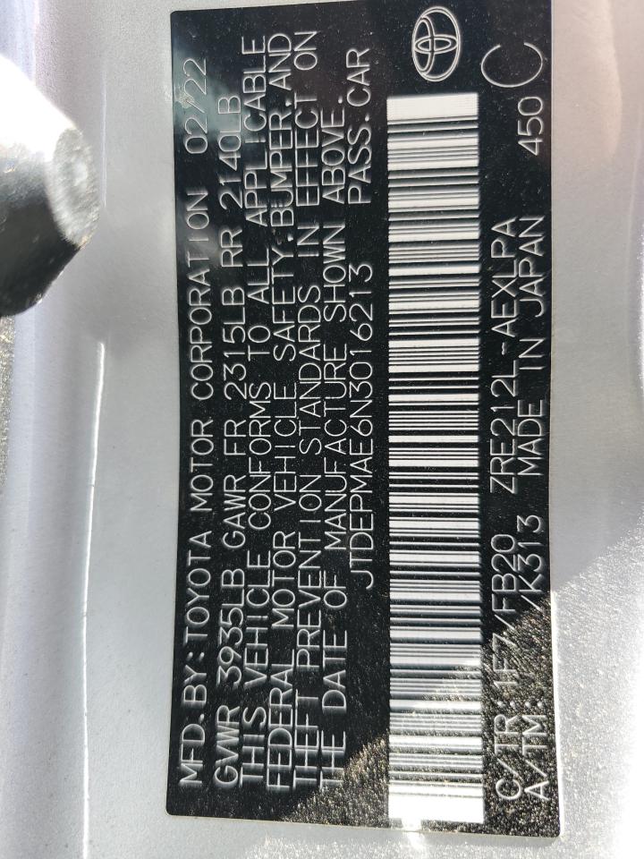 2022 TOYOTA COROLLA LE VIN:JTDEPMAE6N3016213