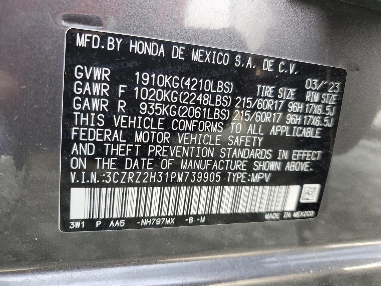 2023 HONDA HR-V LX VIN:3CZRZ2H31PM739905