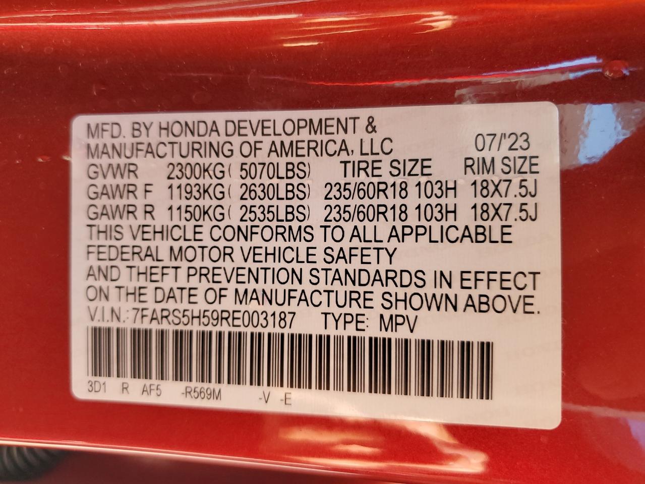 2024 HONDA CR-V SPORT VIN:7FARS5H59RE003187