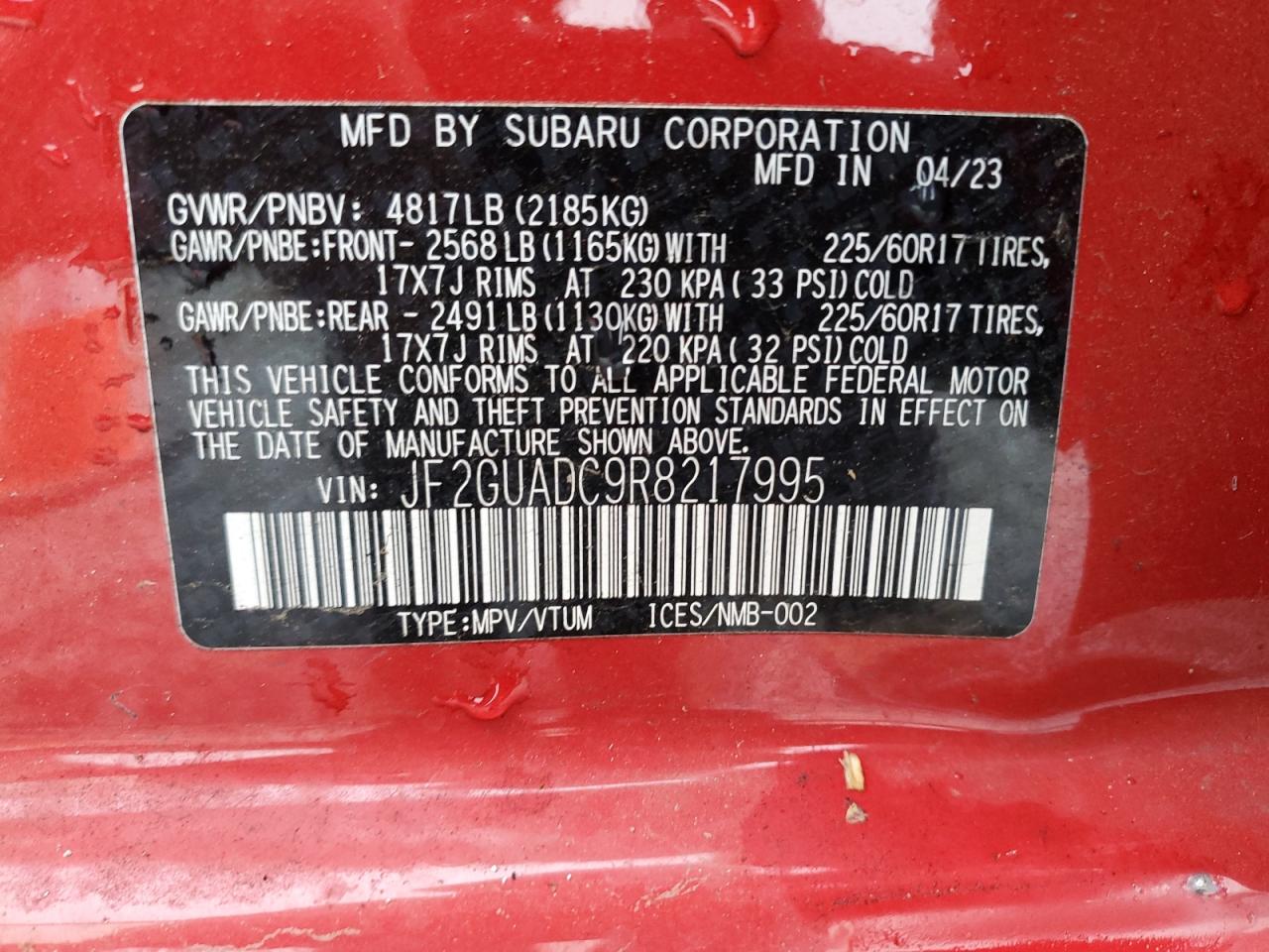 2024 SUBARU CROSSTREK PREMIUM VIN:JF2GUADC9R8217995