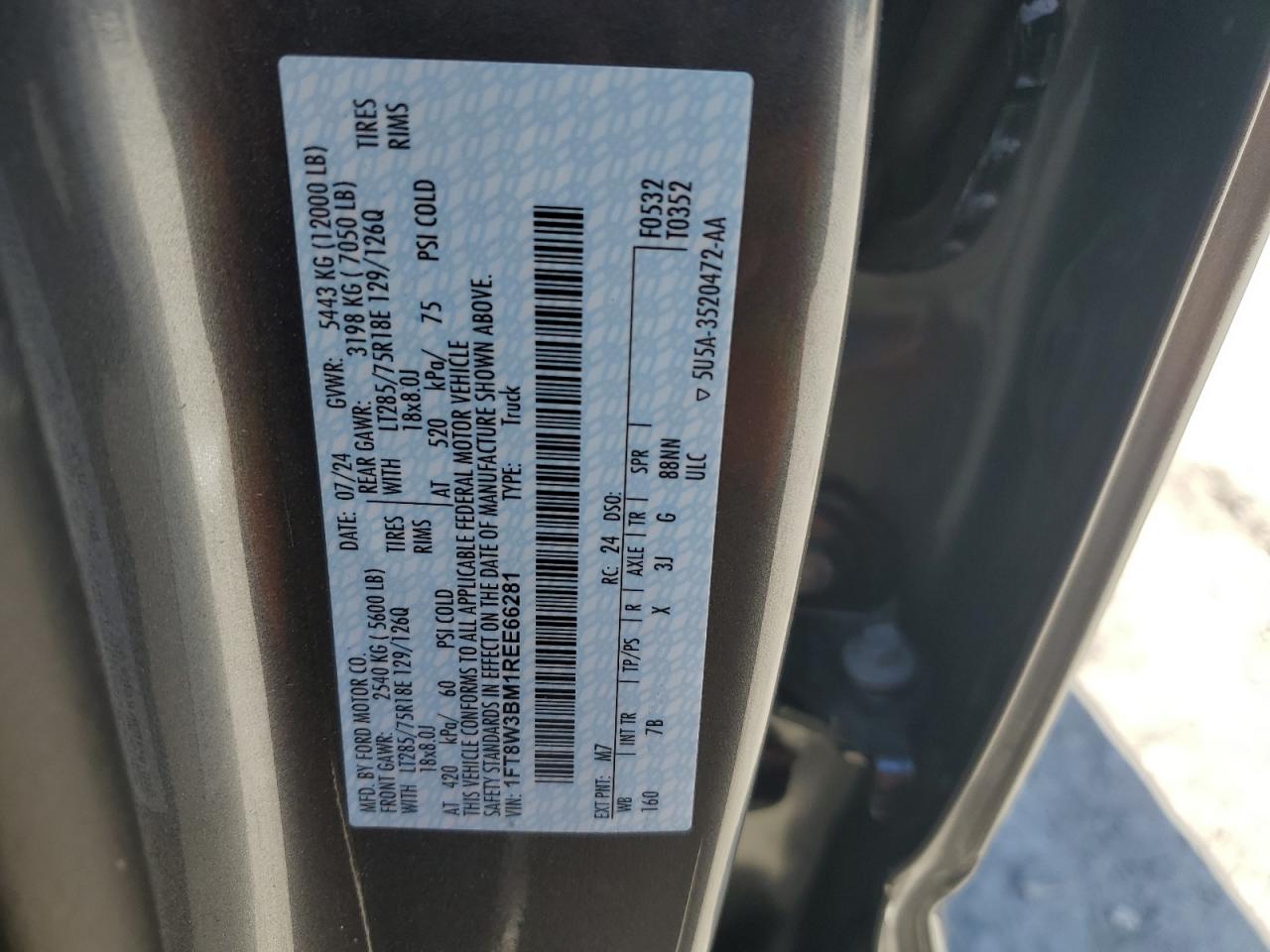 2024 FORD F350 SUPER DUTY VIN:1FT8W3BM1REE66281