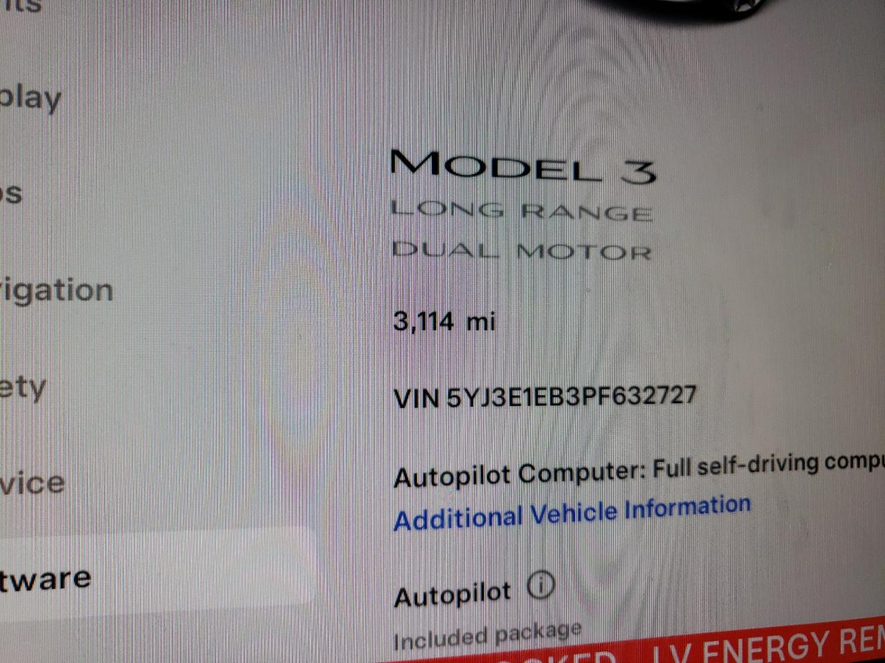 2023 TESLA MODEL 3  VIN:5YJ3E1EB3PF632727