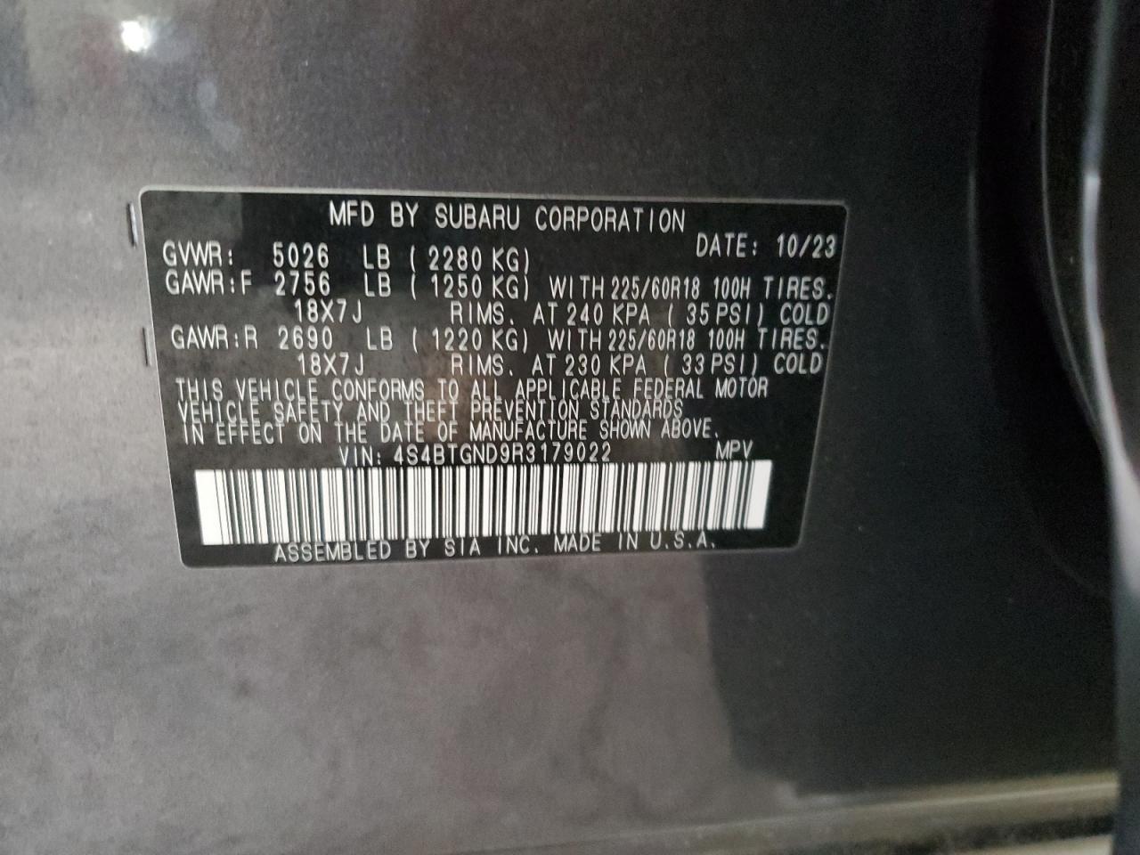 2024 SUBARU OUTBACK LIMITED XT VIN:4S4BTGND9R3179022