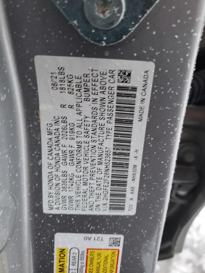 2022 HONDA CIVIC LX VIN:2HGFE2F28NH523657