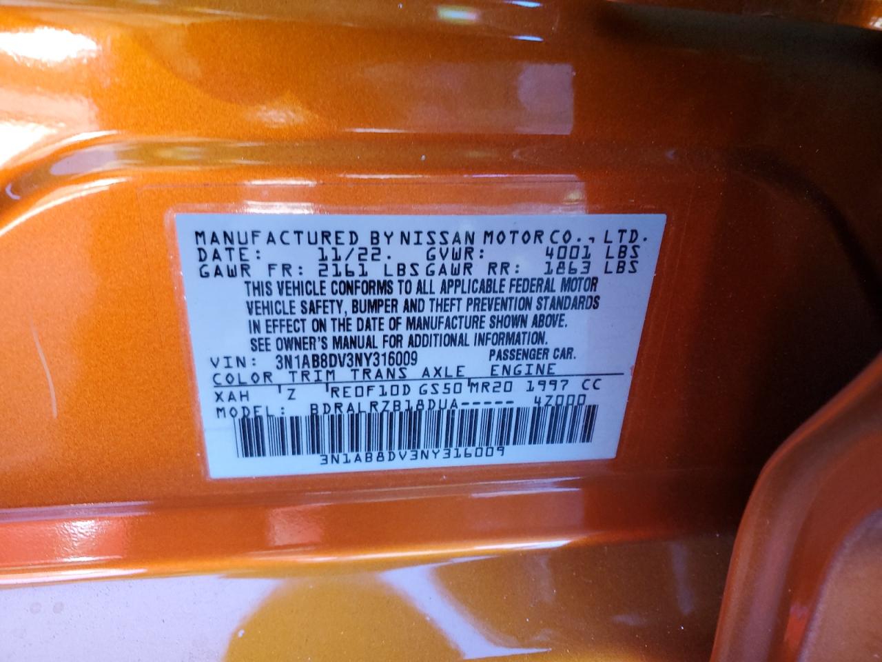 2022 NISSAN SENTRA SR VIN:3N1AB8DV3NY316009