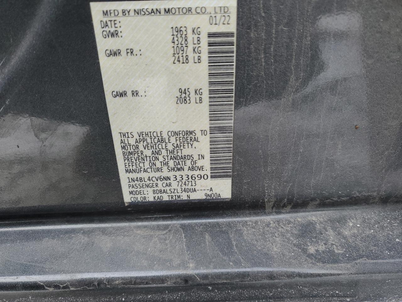 2022 NISSAN ALTIMA SR VIN:1N4BL4CV6NN333690
