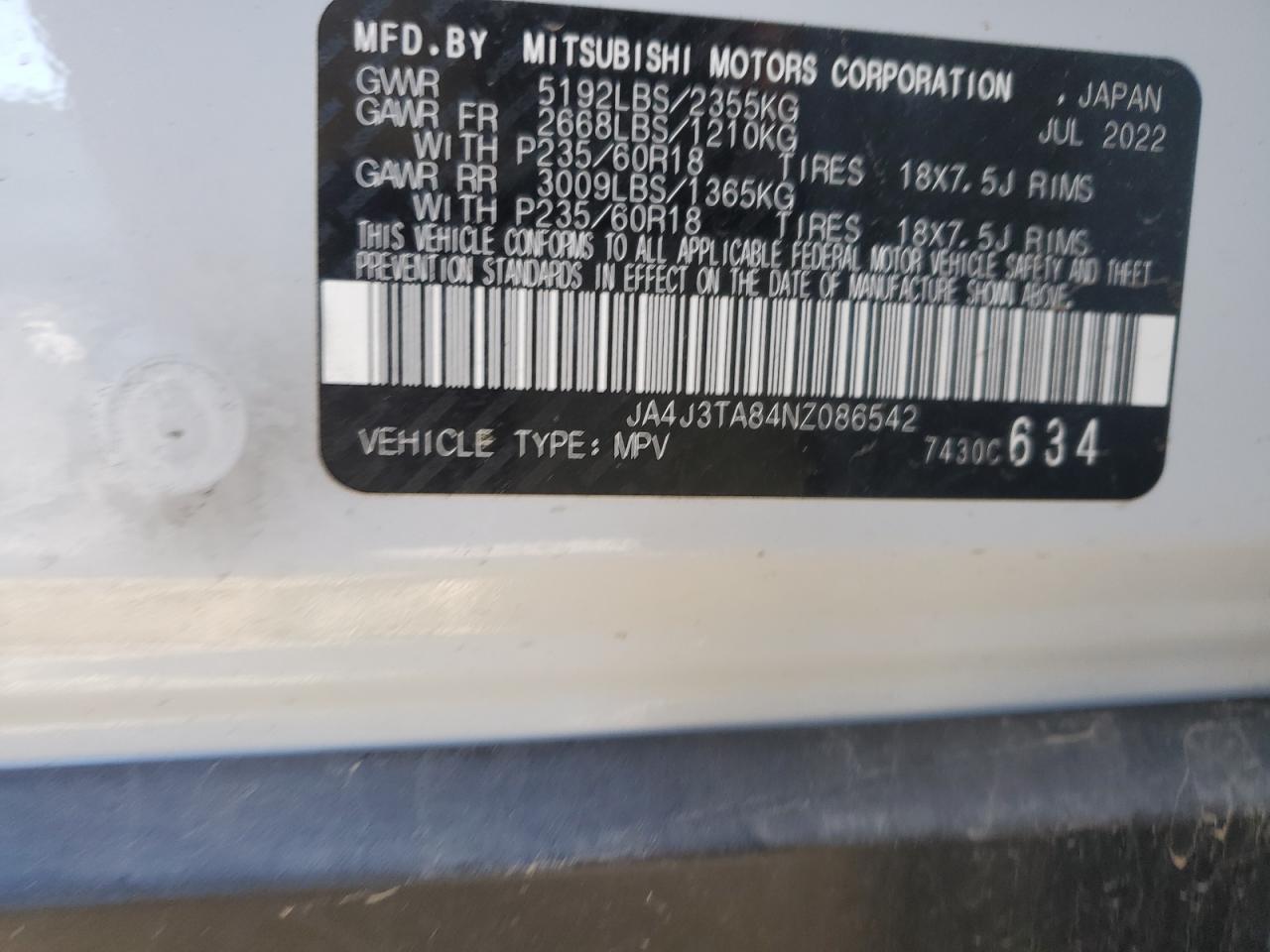 2022 MITSUBISHI OUTLANDER ES VIN:2T3WFREVXGW240213