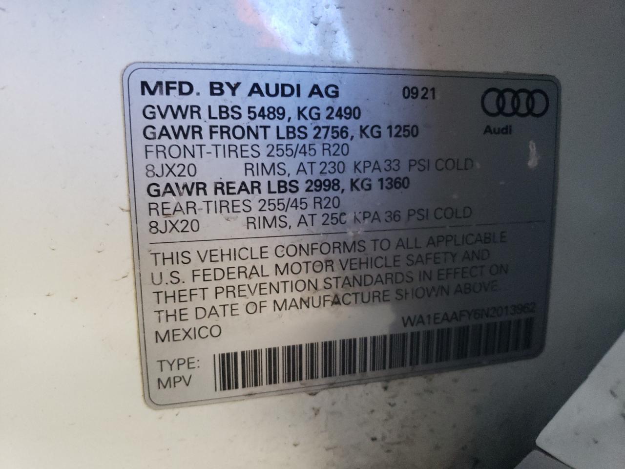 2022 AUDI Q5 PREMIUM PLUS 45 VIN:WA1EAAFY6N2013962