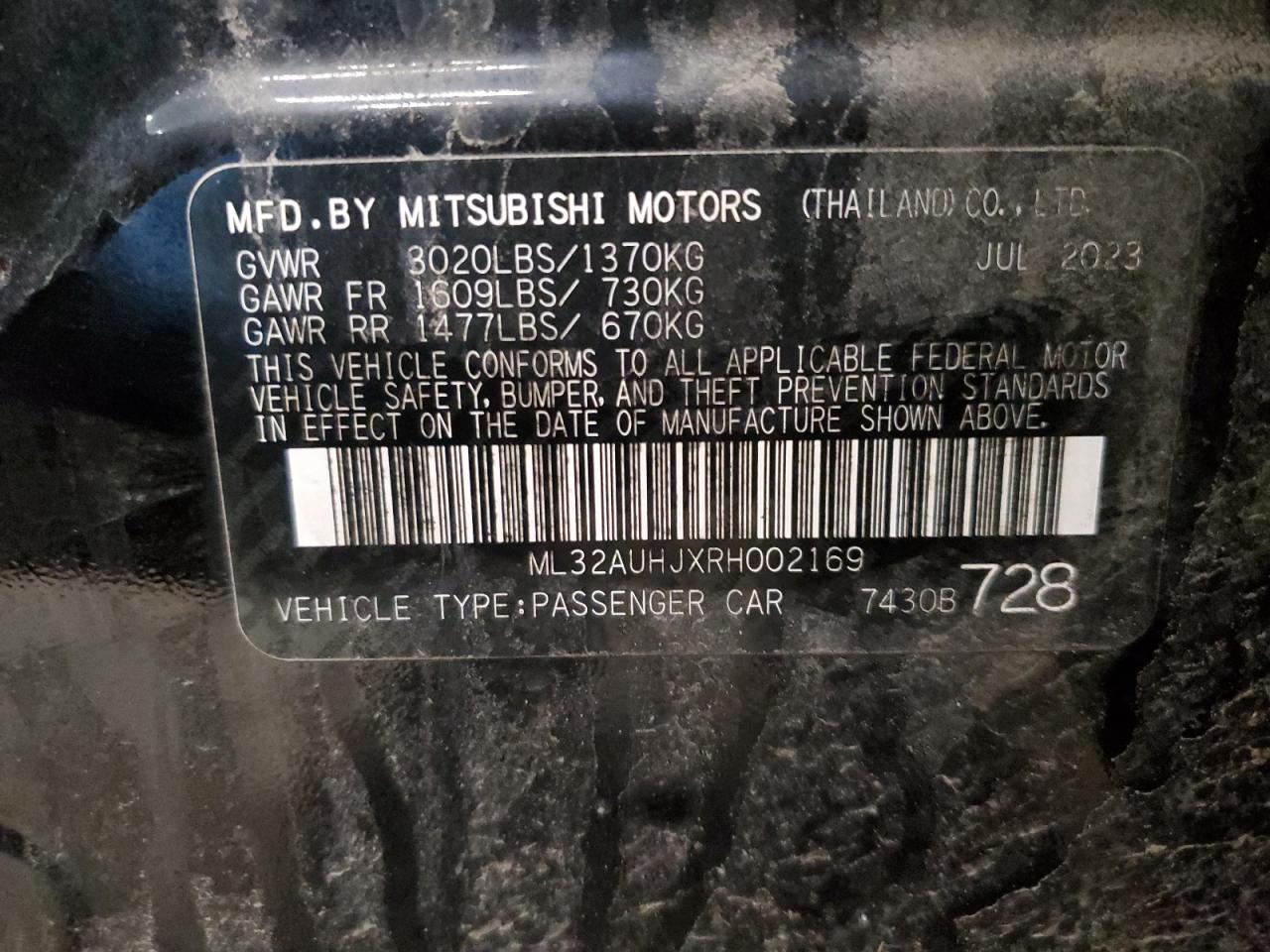 2024 MITSUBISHI MIRAGE ES VIN:ML32AUHJXRH002169