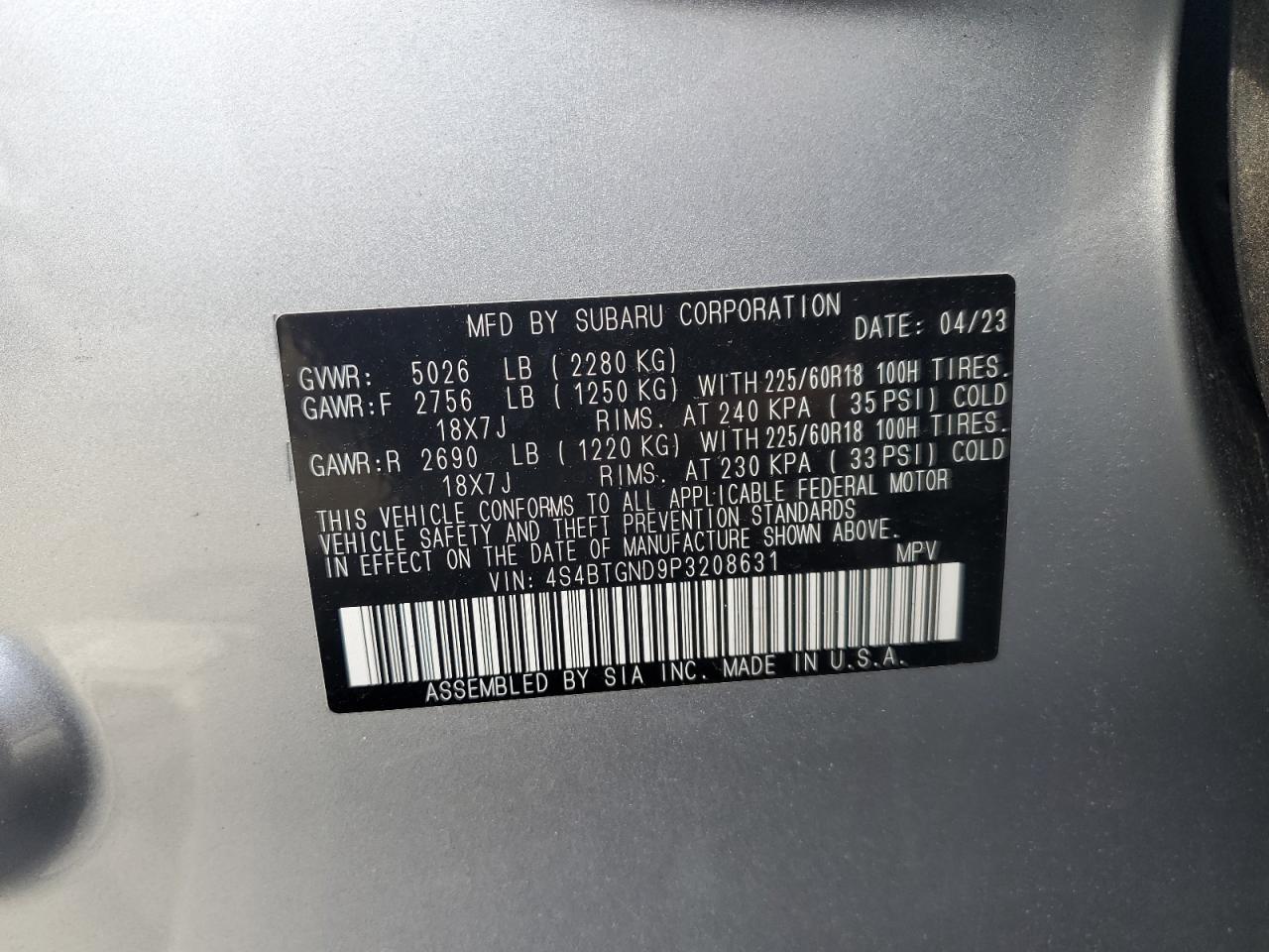 2023 SUBARU OUTBACK LIMITED XT VIN:4S4BTGND9P3208631