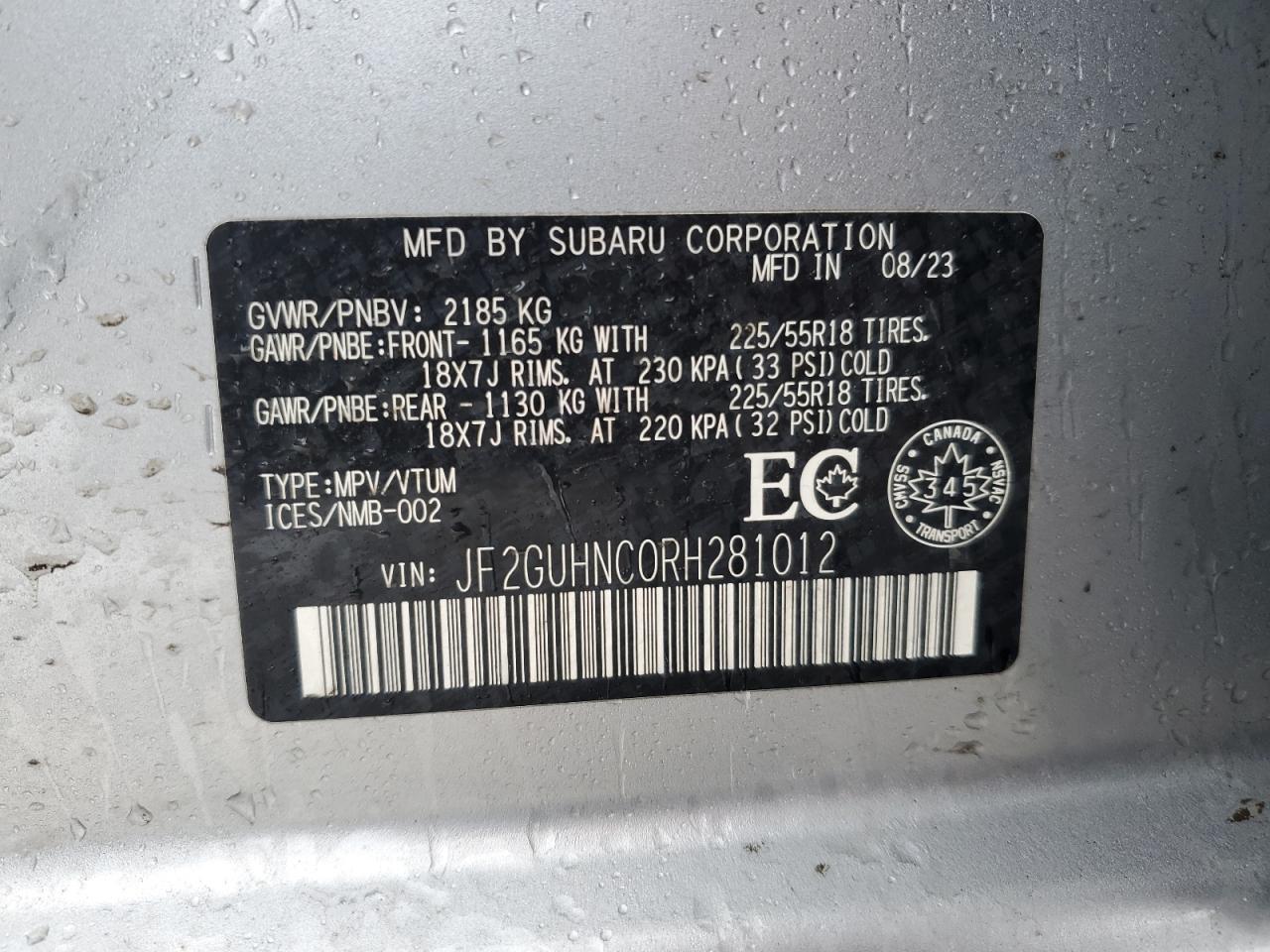 2024 SUBARU CROSSTREK LIMITED VIN:JF2GUHNC0RH281012