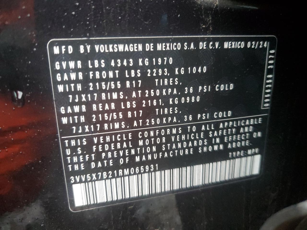 2024 VOLKSWAGEN TAOS S VIN:3VV5X7B21RM065931