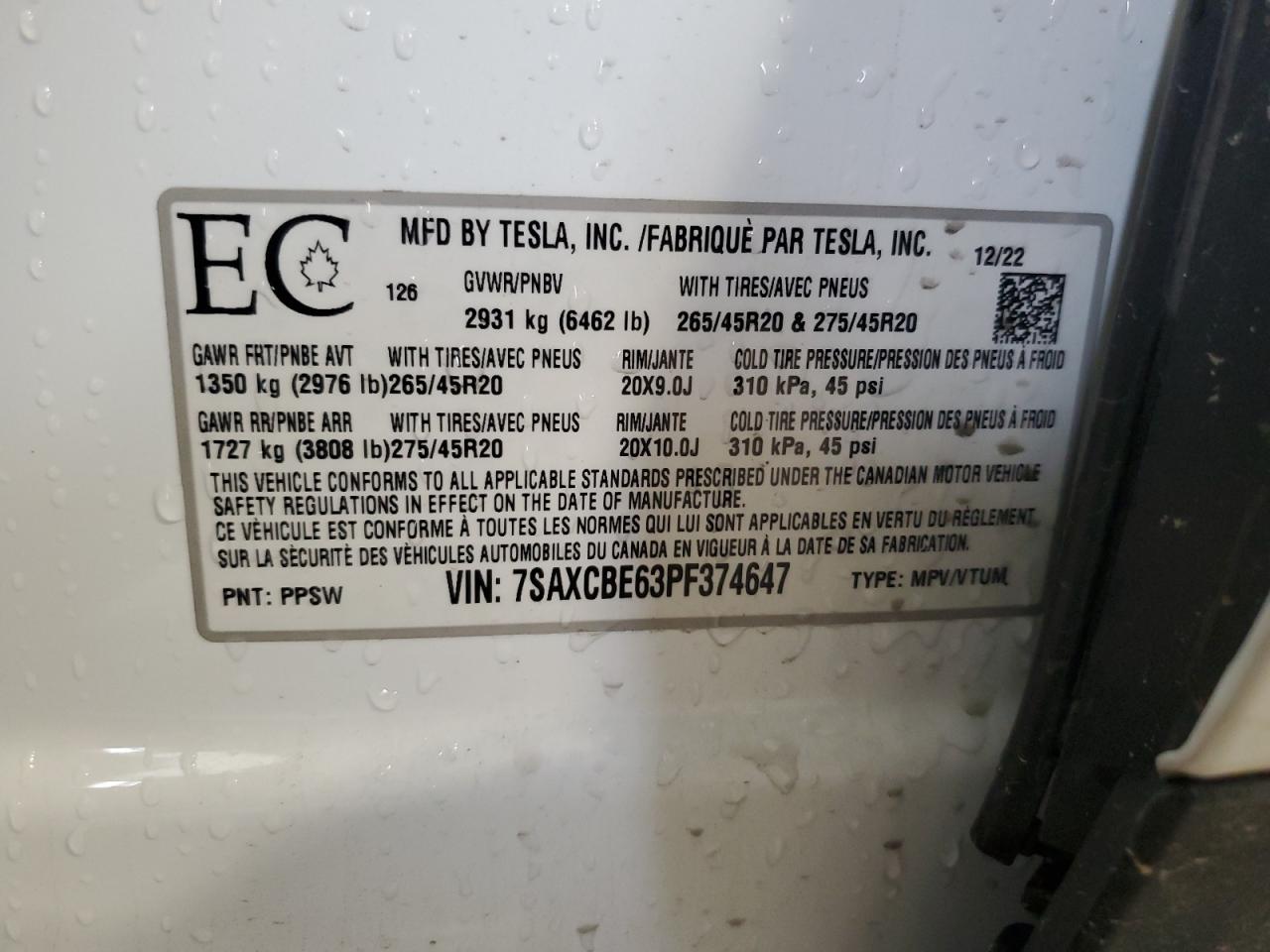 2023 TESLA MODEL X  VIN:7SAXCBE63PF374647