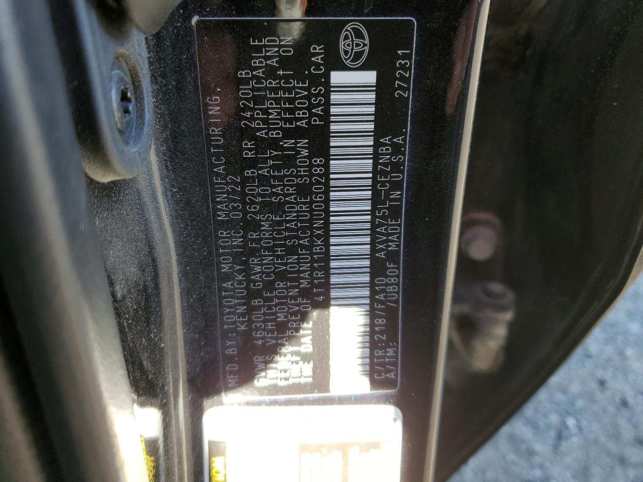 2022 TOYOTA CAMRY LE VIN:4T1R11BKXNU060288