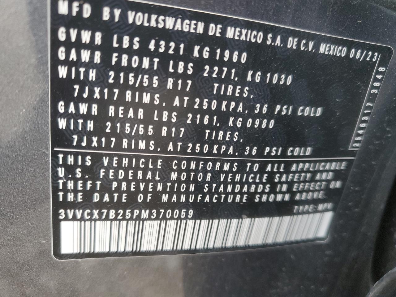 2023 VOLKSWAGEN TAOS S VIN:3VVCX7B25PM370059