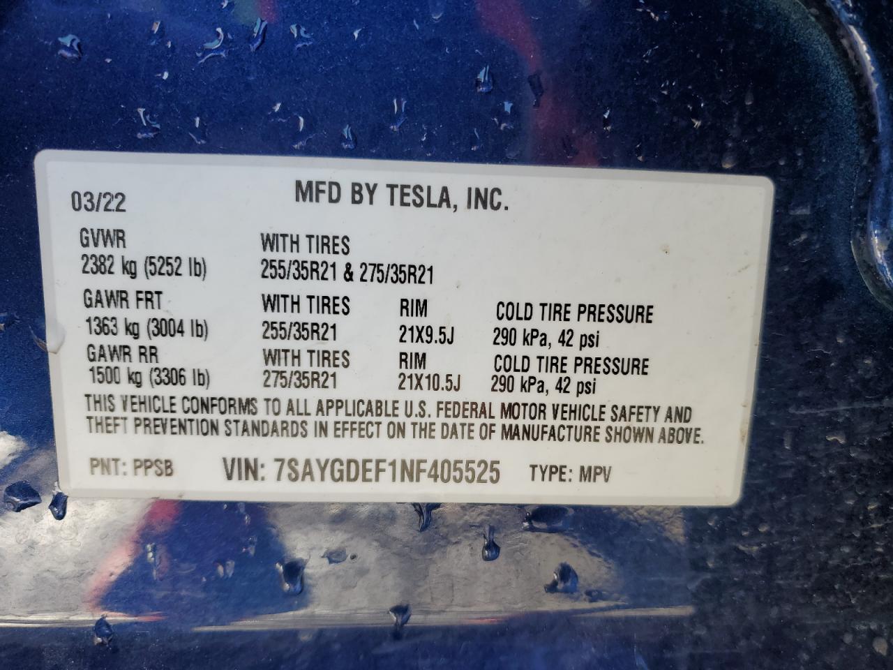 2022 TESLA MODEL Y  VIN:7SAYGDEF1NF405525
