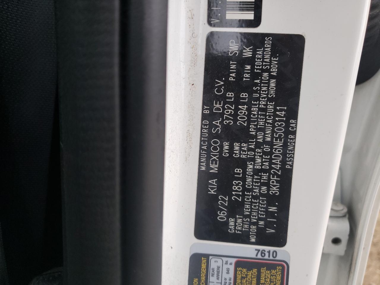 2022 KIA FORTE FE VIN:3KPF24AD6NE503141