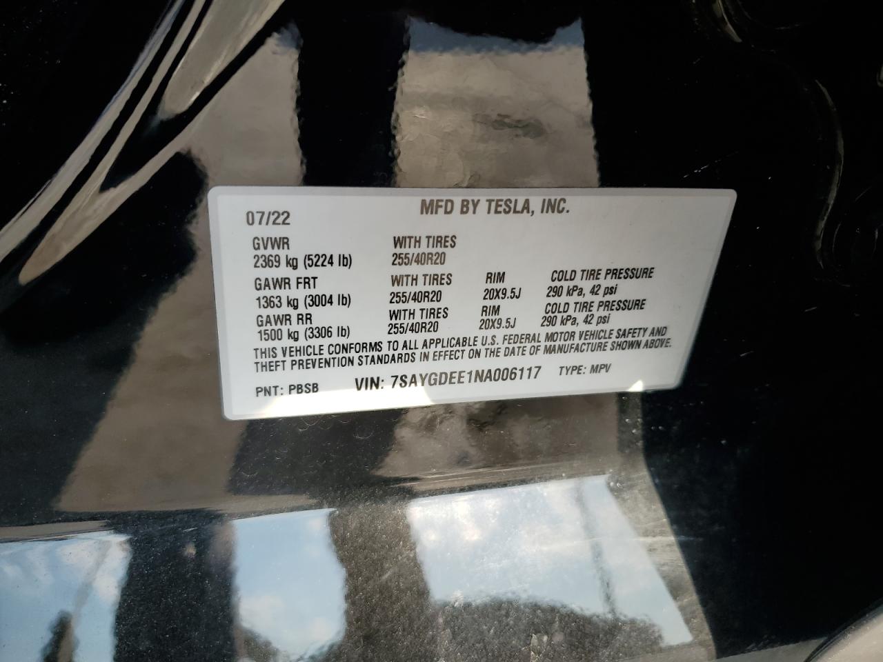 2022 TESLA MODEL Y  VIN:7SAYGDEE1NA006117