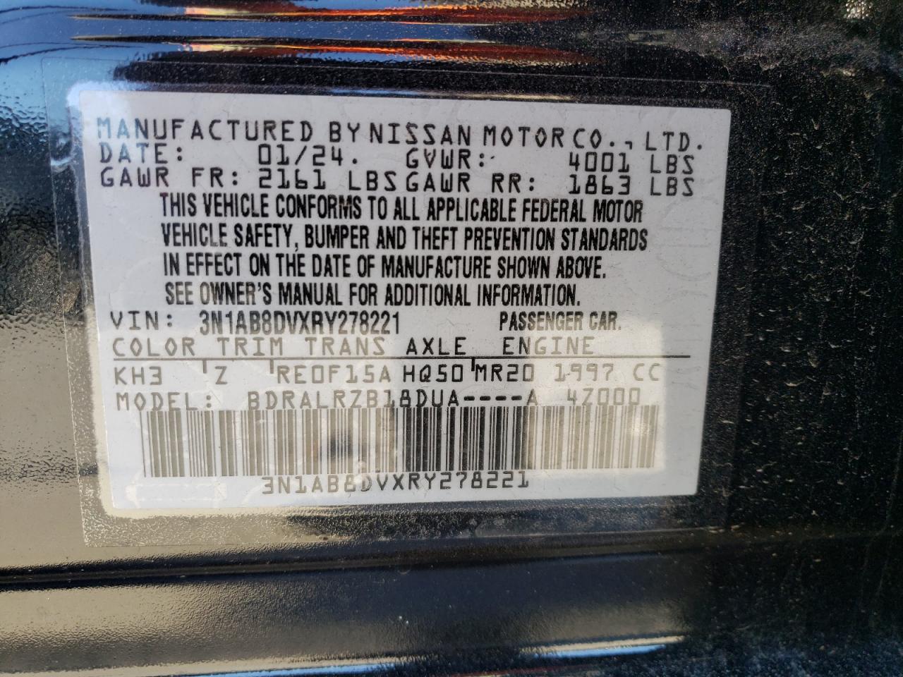 2024 NISSAN SENTRA SR VIN:3N1AB8DVXRY278221