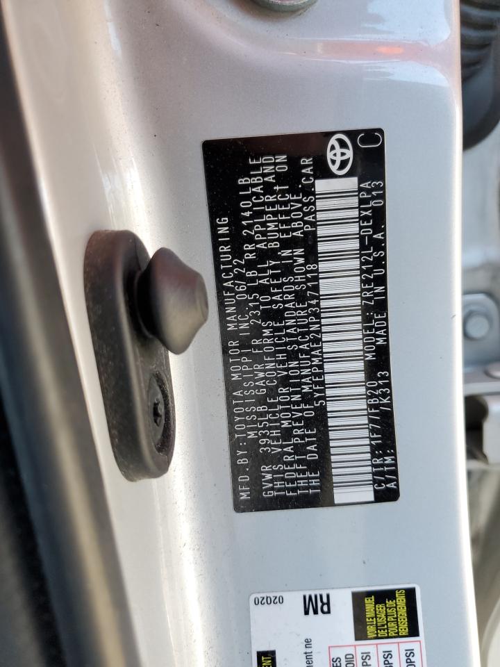 2022 TOYOTA COROLLA LE VIN:5YFEPMAE2NP347118