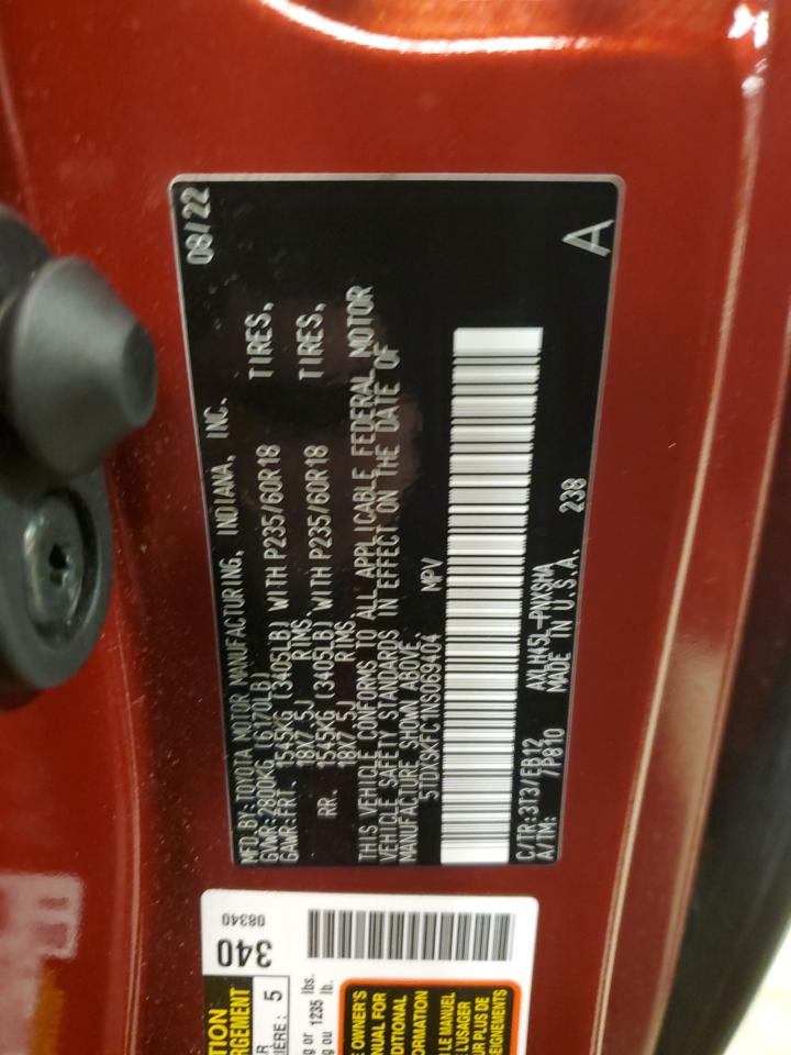 2022 TOYOTA SIENNA XSE VIN:5TDXSKFC1NS069404