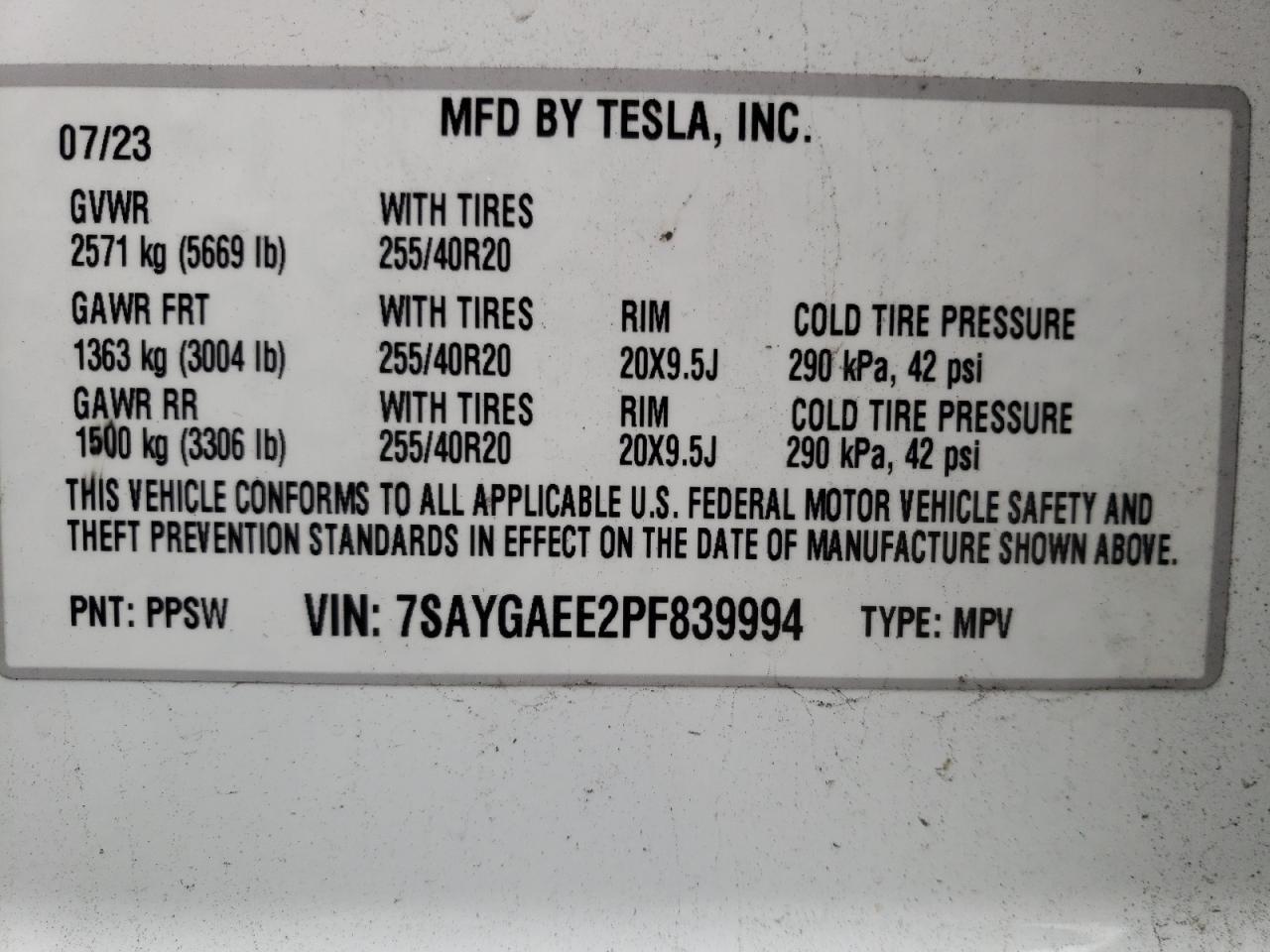 2023 TESLA MODEL Y  VIN:7SAYGAEE2PF839994