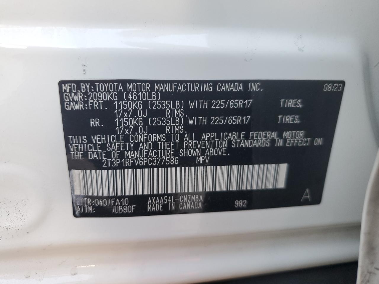 2023 TOYOTA RAV4 XLE VIN:2T3P1RFV6PC377586
