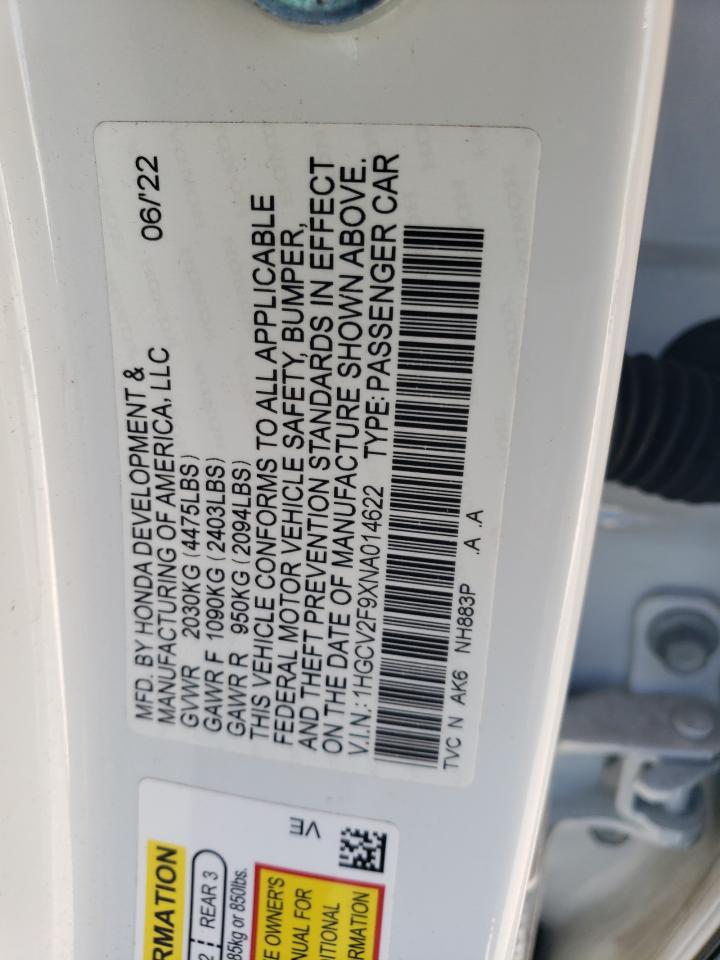 2022 HONDA ACCORD TOURING VIN:1HGCV2F9XNA014622