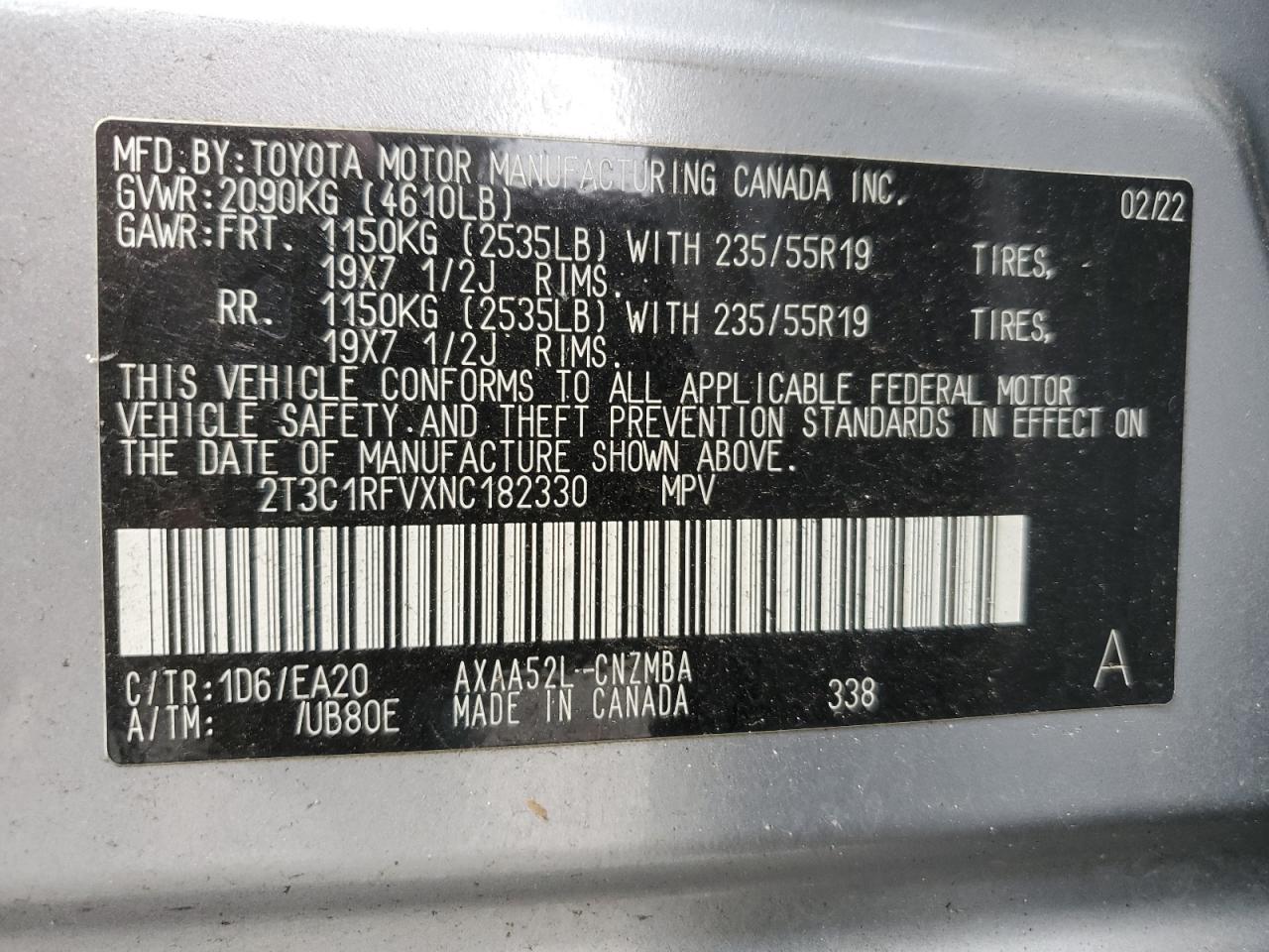 2022 TOYOTA RAV4 XLE PREMIUM VIN:2T3C1RFVXNC182330