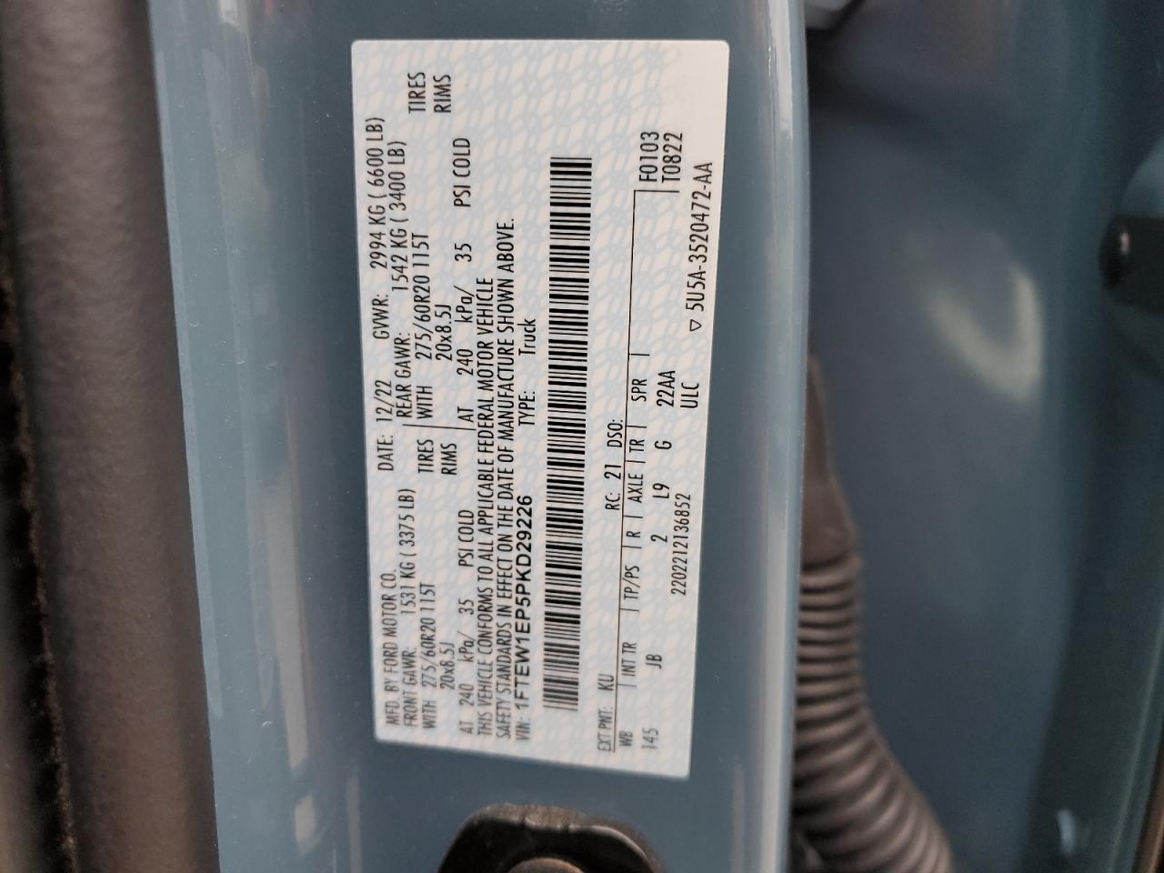 2023 FORD F150 SUPERCREW VIN:1FTEW1EP5PKD29226
