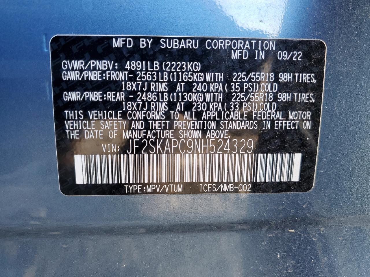 2022 SUBARU FORESTER LIMITED VIN:JF2SKAPC9NH524329