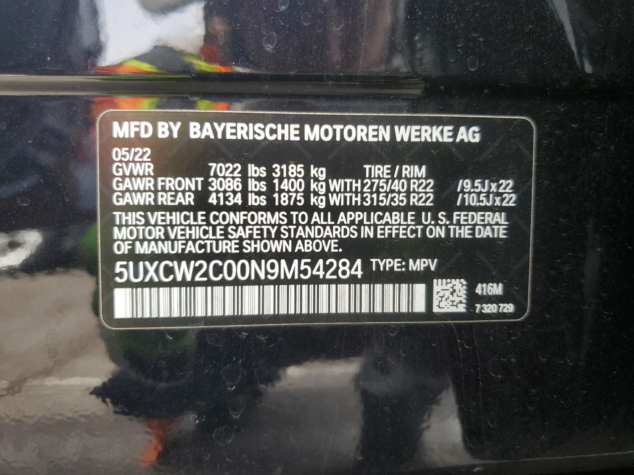 2022 BMW X7 XDRIVE40I VIN:5UXCW2C00N9M54284