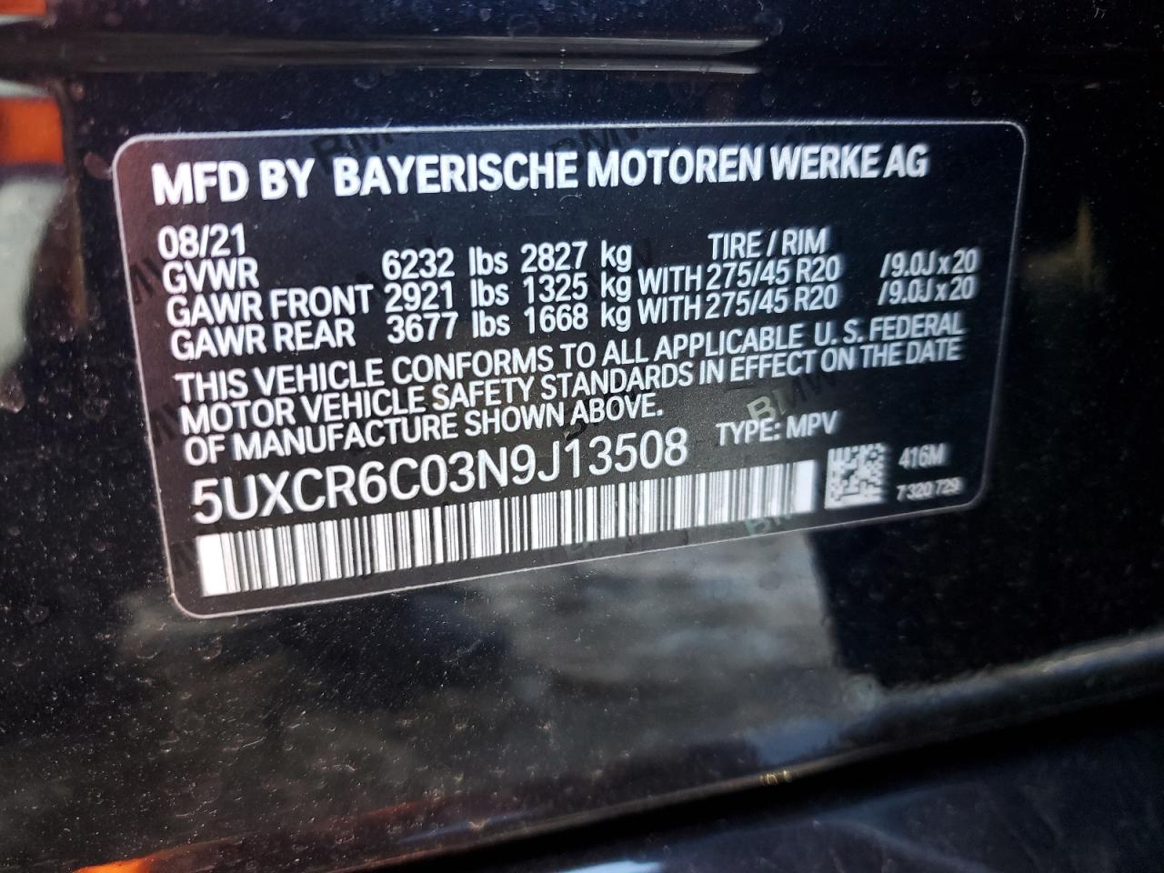 2022 BMW X5 XDRIVE40I VIN:5UXCR6C03N9J13508