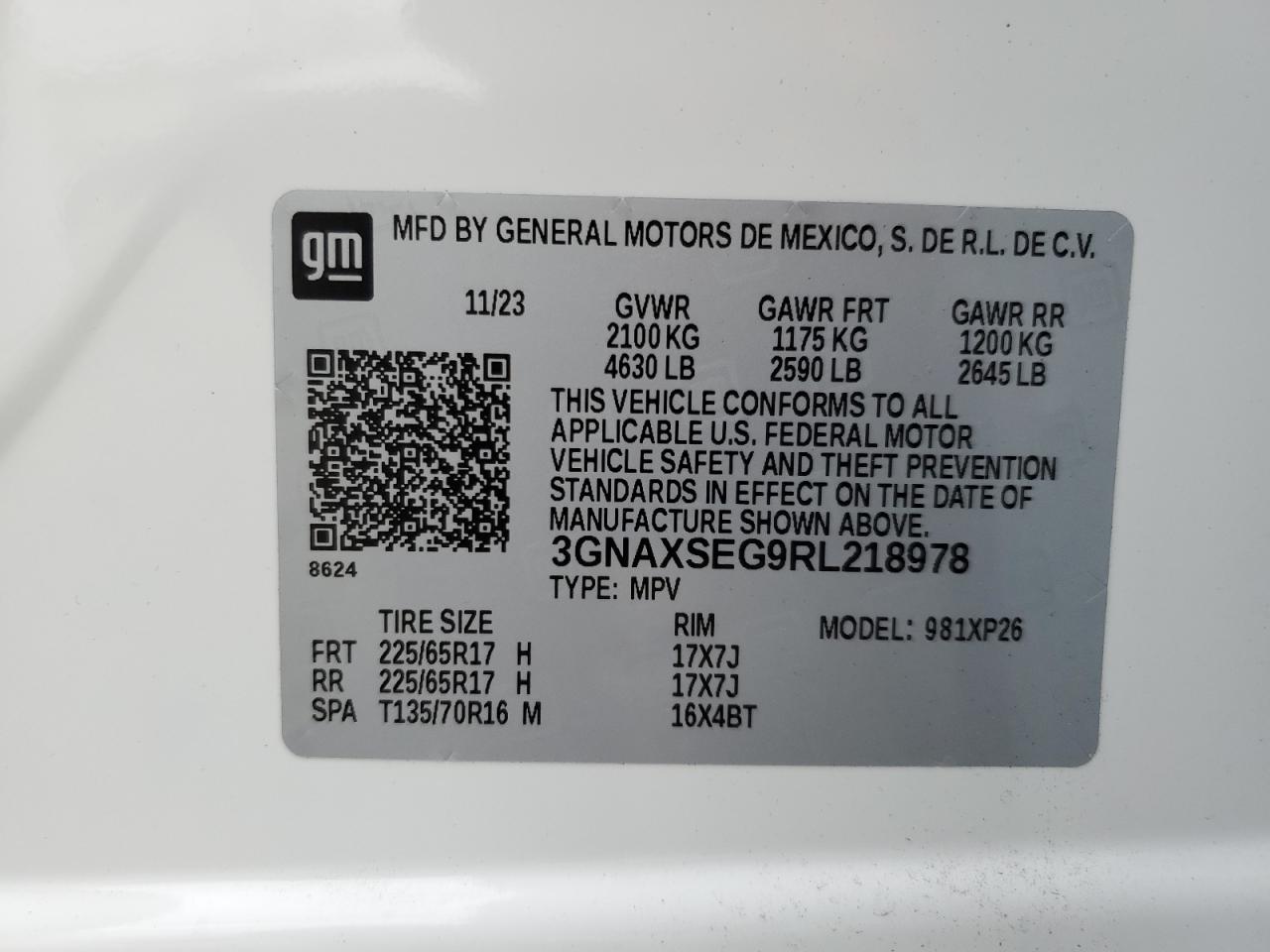 2024 CHEVROLET EQUINOX LS VIN:3GNAXSEG9RL218978