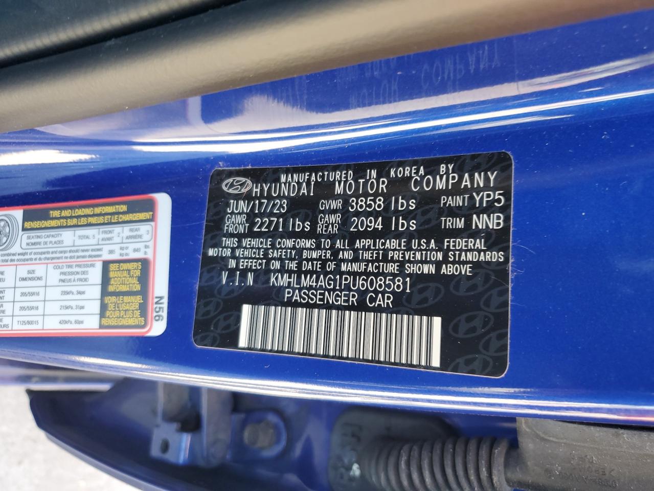 2023 HYUNDAI ELANTRA SEL VIN:KMHLM4AG1PU608581