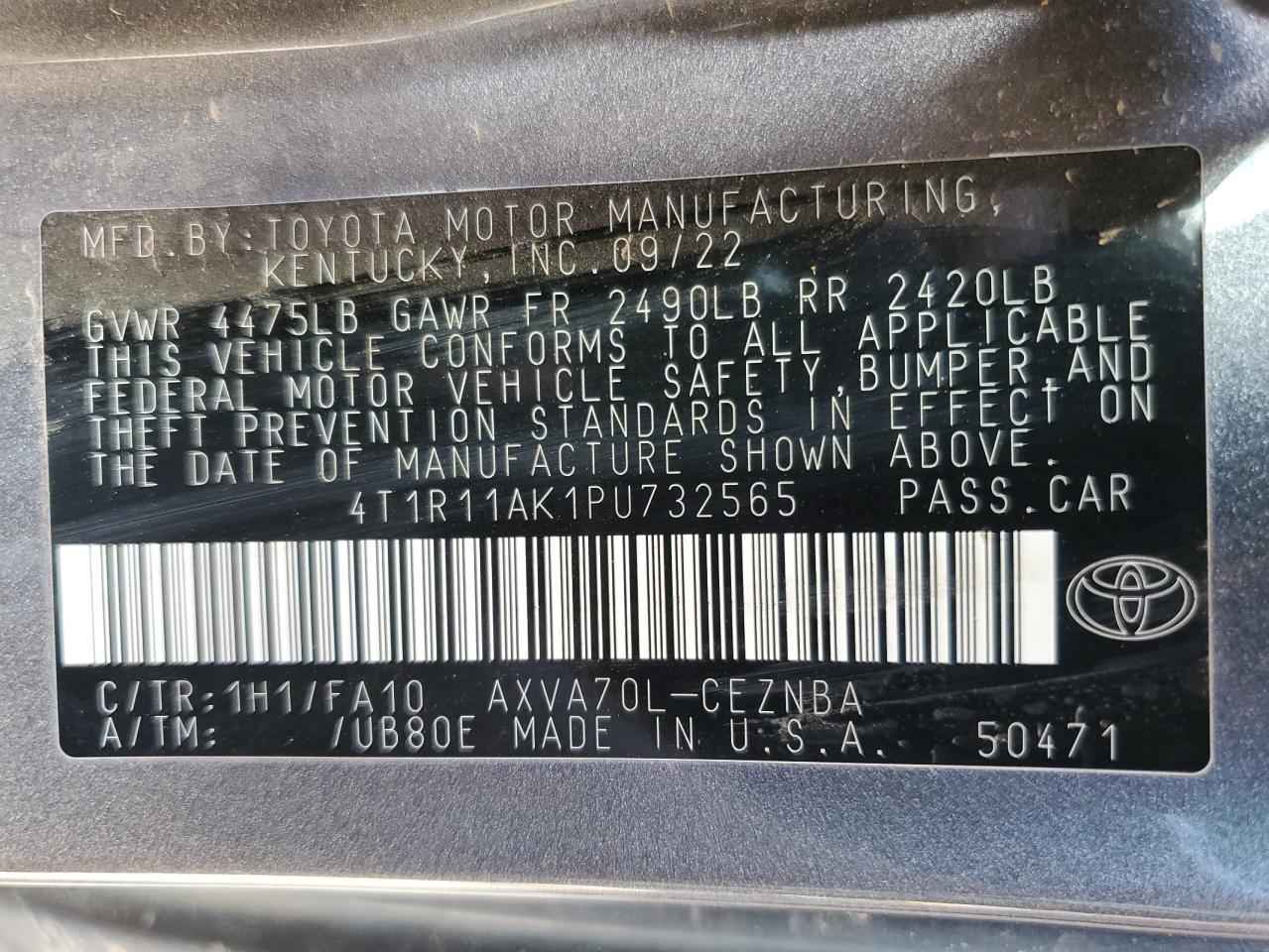 2023 TOYOTA CAMRY LE VIN:4T1R11AK1PU732565
