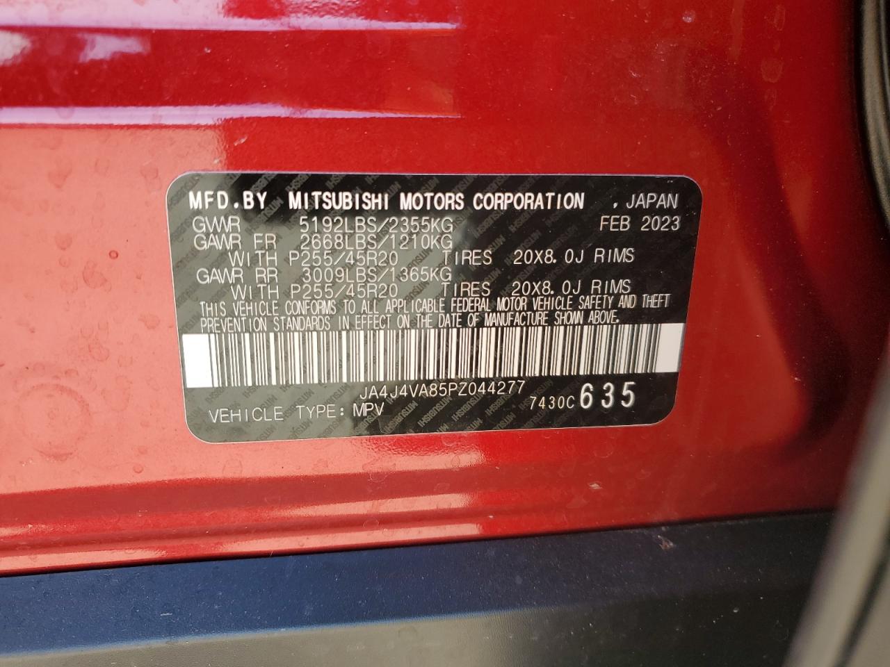 2023 MITSUBISHI OUTLANDER SEL VIN:JA4J4VA85PZ044277