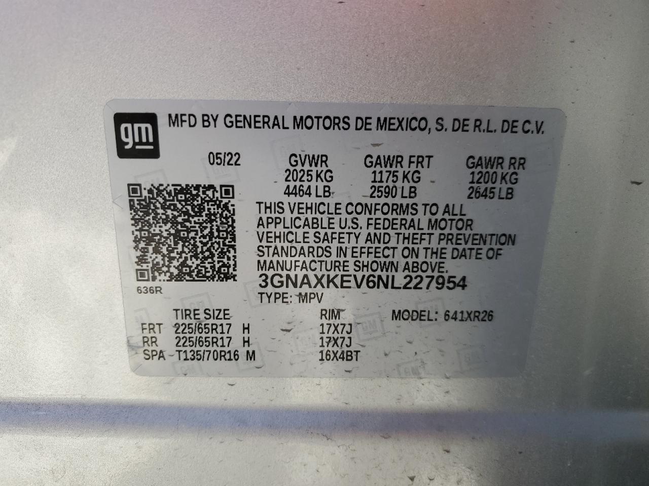 2022 CHEVROLET EQUINOX LT VIN:3GNAXKEV6NL227954