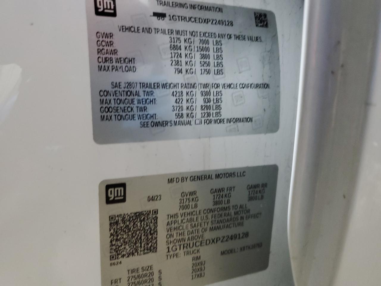 2023 GMC SIERRA K1500 ELEVATION VIN:1GTRUCEDXPZ249128