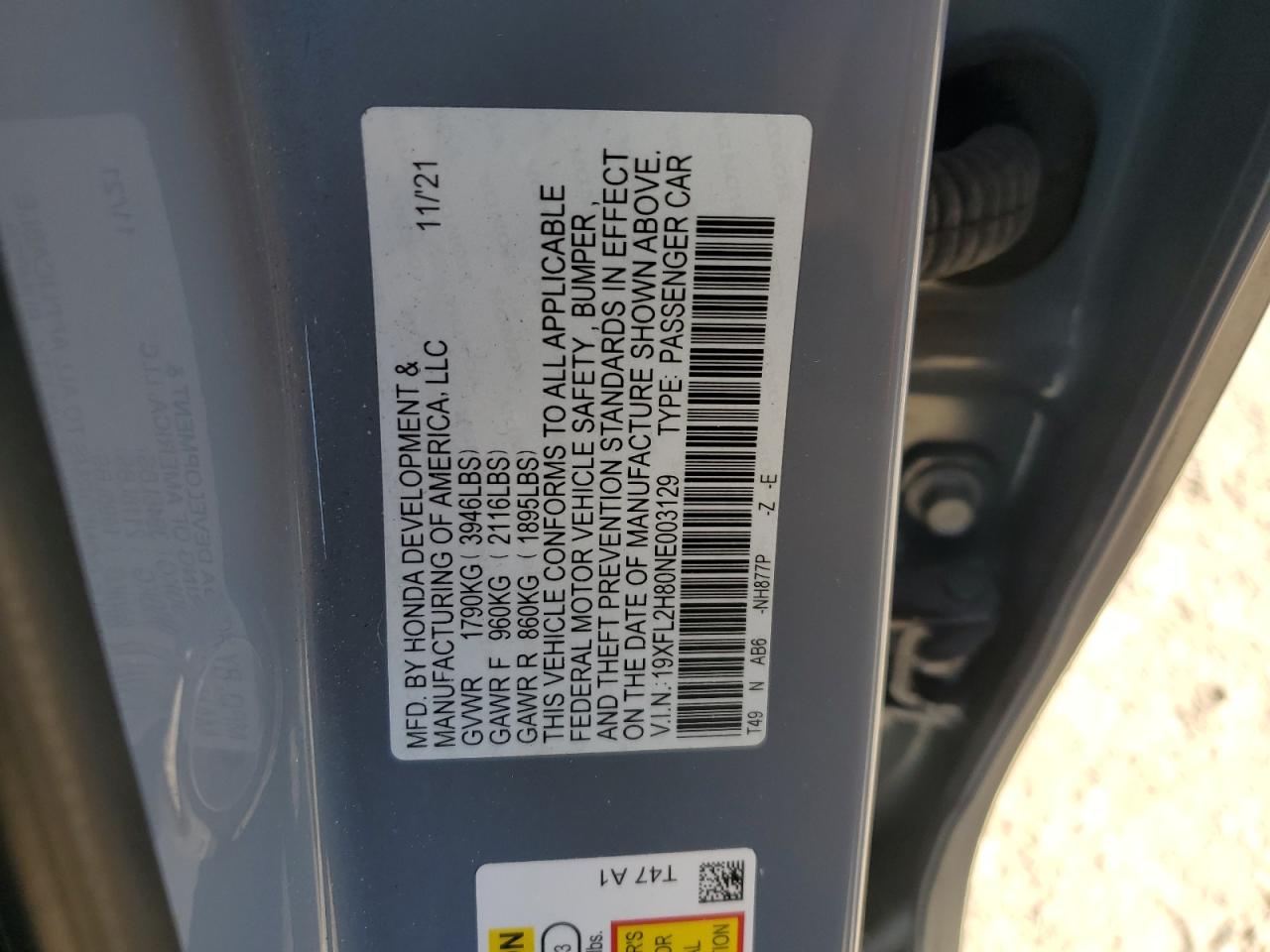 2022 HONDA CIVIC SPORT VIN:19XFL2H80NE003129