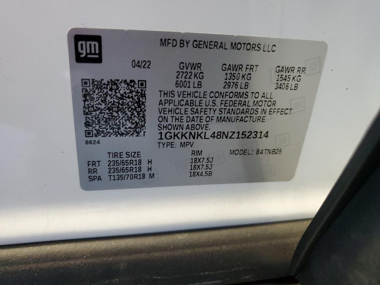 2022 GMC ACADIA SLE VIN:1GKKNKL48NZ152314