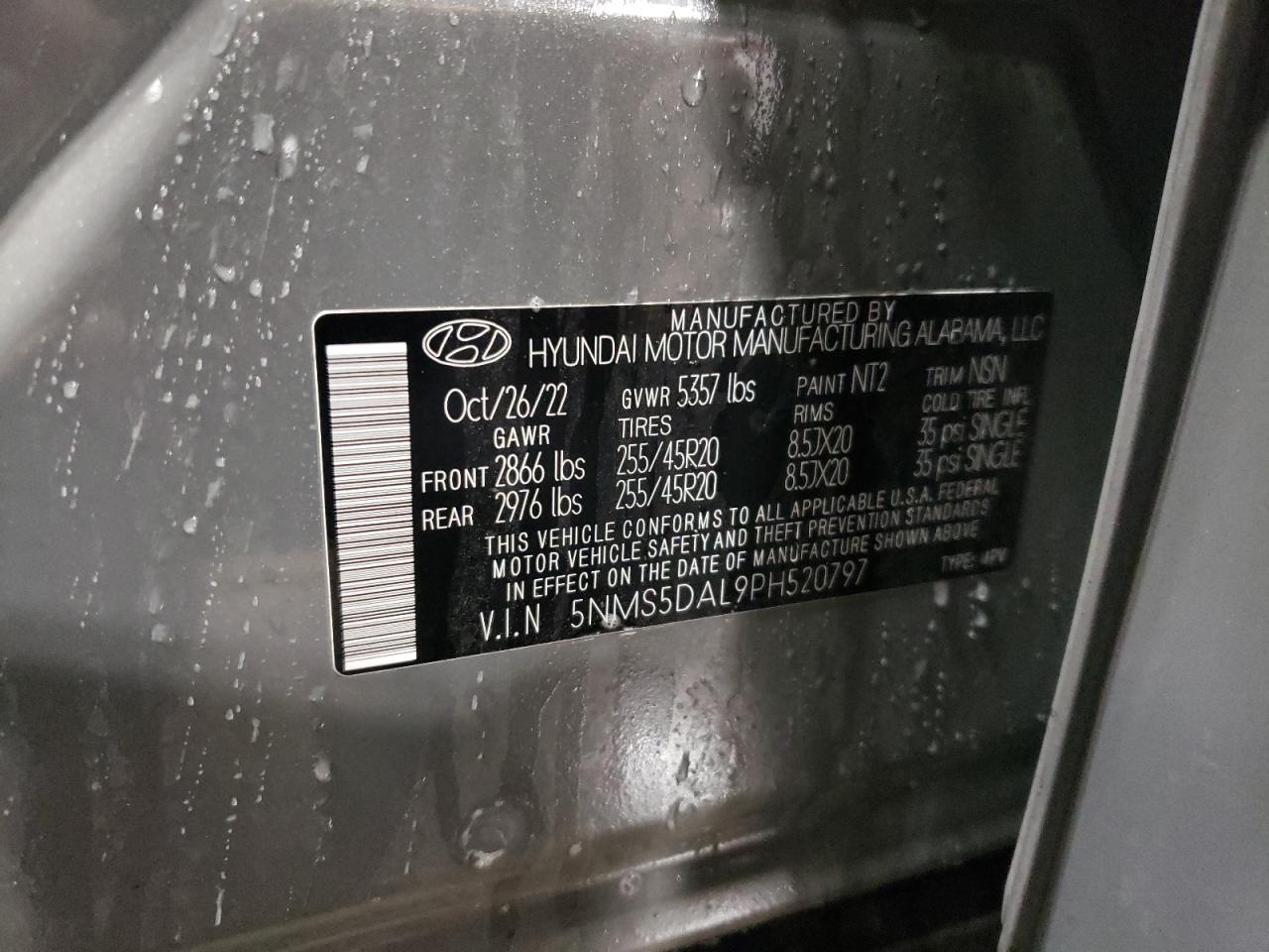 2023 HYUNDAI SANTA FE CALLIGRAPHY VIN:5NMS5DAL9PH520797