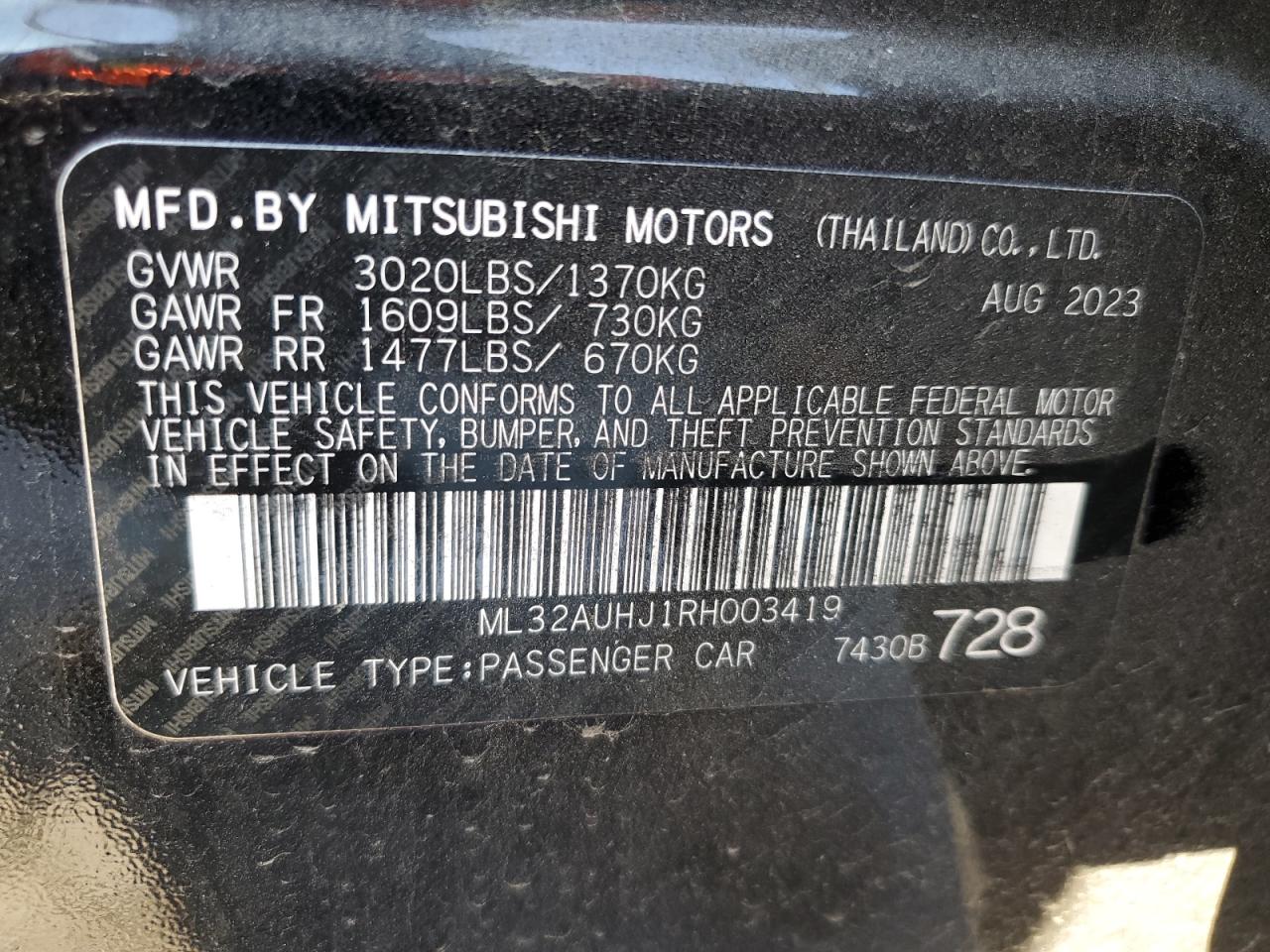2024 MITSUBISHI MIRAGE ES VIN:ML32AUHJ1RH003419