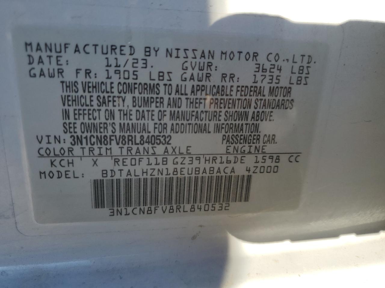 2024 NISSAN VERSA SR VIN:3N1CN8FV8RL840532
