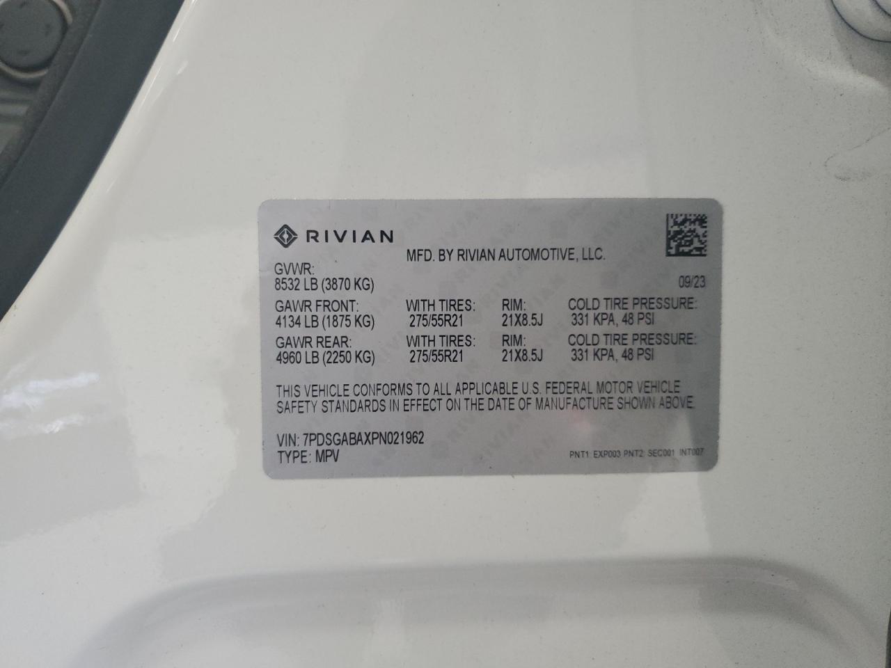 2023 RIVIAN R1S ADVENTURE VIN:7PDSGABAXPN021962