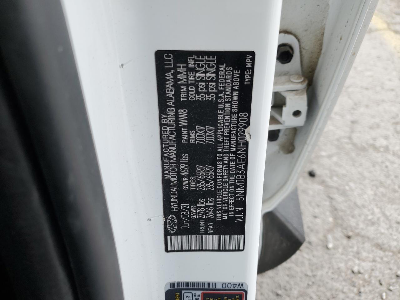 2022 HYUNDAI TUCSON SEL VIN:5NMJB3AE6NH029908