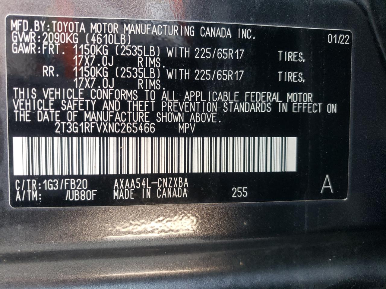 2022 TOYOTA RAV4 LE VIN:2T3G1RFVXNC265466