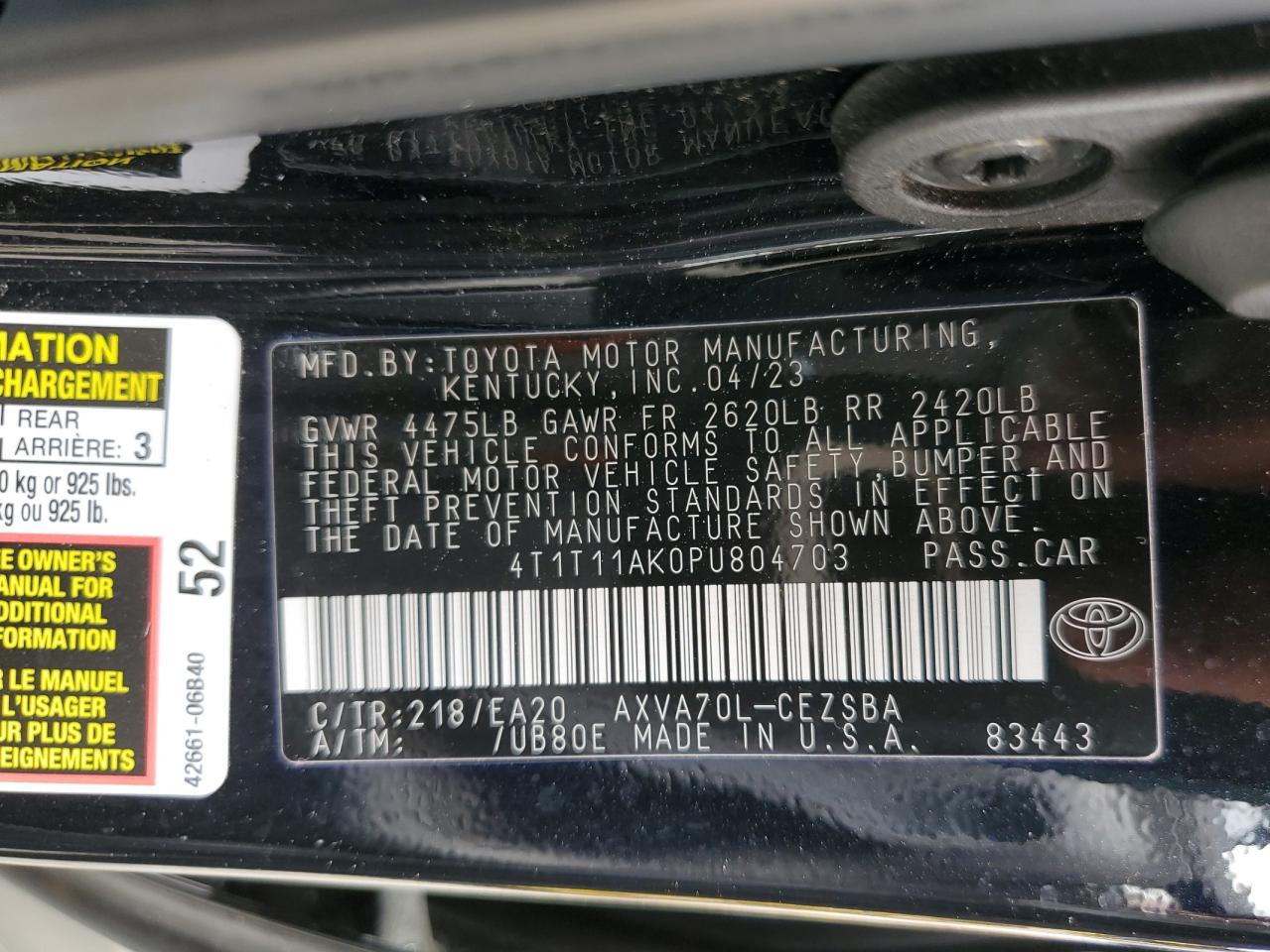 2023 TOYOTA CAMRY SE NIGHT SHADE VIN:4T1T11AK0PU804703